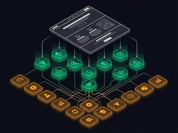 Diagrama isométrico mostrando como 9 frameworks de copy e UX se conectam a 16 dimensões de análise do Prisma de Conversão