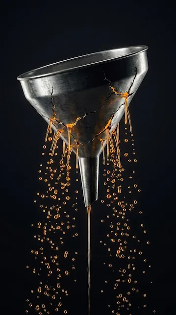 Ilustração de um funil metálico com rachaduras deixando escapar gotas âmbar